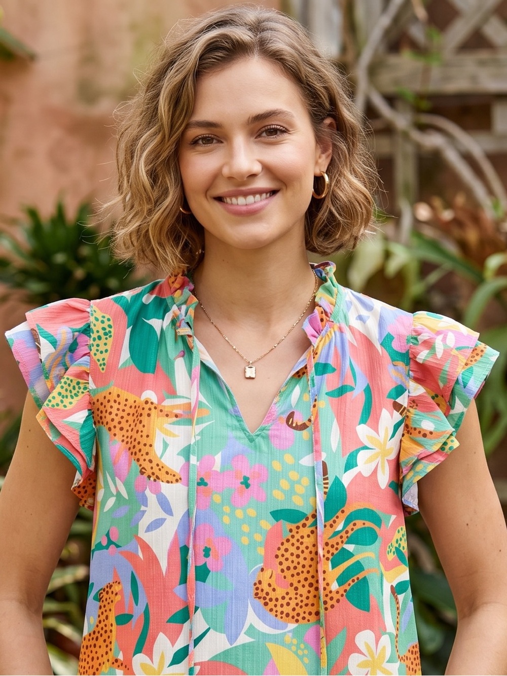 Peach Love California Leopard & Multicolor Floral Ruffle Sleeve Top